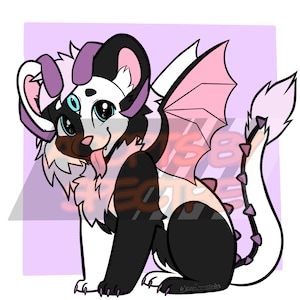 May include: A digital illustration of a mythical creature with black and white fur, a third eye on its forehead, and pink wings. The creature has large ears, a long tail with purple spikes, and its tongue is sticking out. The background is light purple.