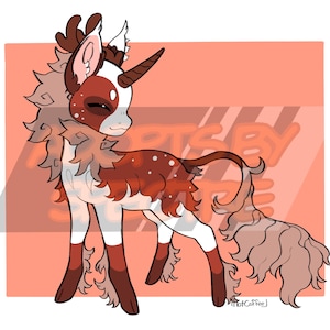 May include: A digital illustration of a mythical creature resembling a deer-unicorn hybrid with brown and white fur, a single horn, and a long, flowing tail. The creature features dark brown markings on its face and legs, with white spots.