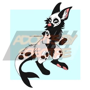 May include: A digital illustration of a creature with black and white fur, dark spots, and a long tail with a fin-like tip. The character has large ears, a pink nose, and a skull-like facial marking. Text reads Lineart by INDIGOGALAXY.