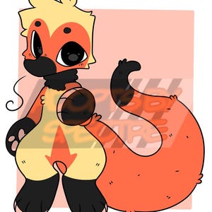 May include: A digital illustration of a stylized anthropomorphic creature with yellow fur, orange facial markings, and large black eyes. The character has black paws, a black muzzle, and a long, thick orange tail with a black tip. Text reads NOCTERYX 2021.