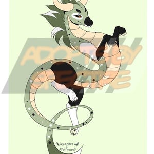 May include: A digital illustration of a serpentine dragon with sage green scales, cream-coloured underbelly, and curved horns. The creature features black limbs, white accents, and dark spots. Text at the bottom reads SkylarMeaw x Volframa.