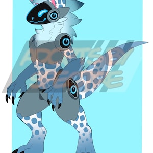 May include: A digital illustration of a bipedal creature with blue and grey fur, featuring a black visor with glowing blue accents, power button symbols on the shoulders and thighs, and a long tail. A color palette bar is shown in the top right.