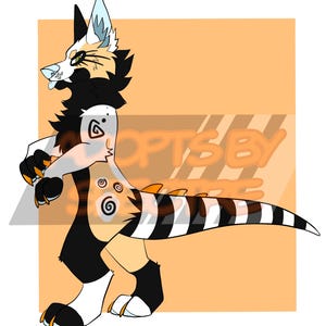 May include: A digital illustration of a bipedal creature with black, white, and tan fur. It features spiral markings on its torso, a long tail with black and white stripes, orange spikes along its back, and sharp claws on its hands and feet.