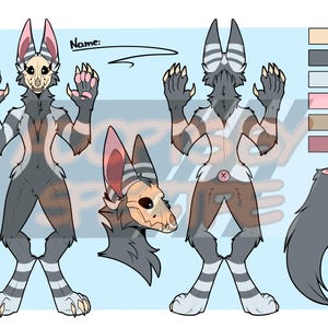 May include: A digital character reference sheet featuring a creature with a skull mask, grey and white striped fur, and pink paw pads. The illustration displays front and back full-body views, a side head profile, a separate tail, and a color palette.