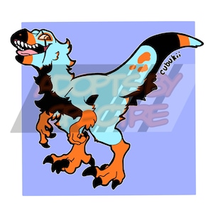 May include: A digital illustration of a bipedal dinosaur creature with light blue, orange, and black fur or feathers. The creature has a wide, toothy grin, sharp claws, and a long tail. The word cubukii is written near the tail, and a watermark is visible.