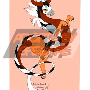 May include: A digital illustration of a slender, serpentine dragon creature with orange, black, and white markings, curved horns, and a long tail. The character is set against a light peach background with the text SkylarMeaw x Volframa.