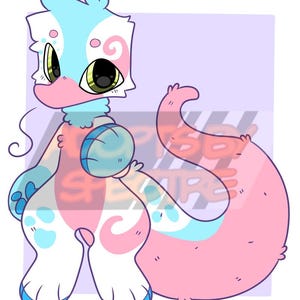 May include: A digital illustration of a cartoon creature with white fur, light blue and pink markings, and large dark eyes. The creature has a long pink tail and holds a blue sphere. The text NOCTERYX 2021 is visible at the bottom right corner.