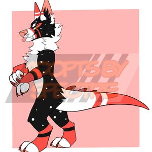 May include: A digital illustration of an anthropomorphic creature with black fur featuring white spots, red accents on the limbs, ears, and tail, and a white chest. The character has sharp teeth, a long tail, and the text ADOPTS BY SPECTRE.