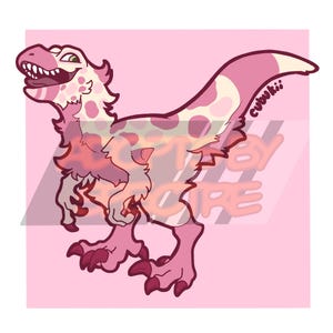 May include: A digital illustration of a bipedal dinosaur with pink and cream-colored skin, featuring dark pink spots, sharp claws, and a wide, toothy grin. The creature has a long tail and is set against a light pink square background with the text cubukii.