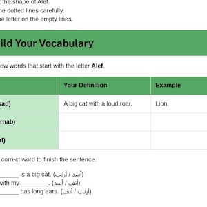 Peut inclure: Une fiche pédagogique intitulée Arabic Letter Alef (أ) Worksheet, comprenant des instructions pour tracer et écrire la lettre, une section vocabulaire avec des termes comme Asad, Arnab et Anf, et des phrases à compléter.