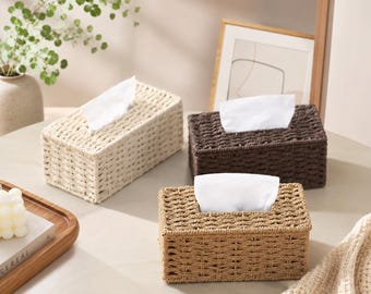 Taschentuchbox-Überzug aus gewebtem Papierseil, rechteckiger Halter im Landhausstil, beigefarbener Kamelkaffee