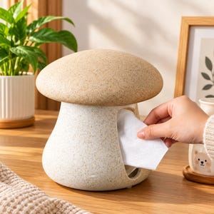 May include: A mushroom-shaped tissue box holder with a tan, textured cap and a speckled cream-colored base. The base features a wide, arched opening on the front, allowing for the easy dispensing of white paper tissues from the interior compartment.