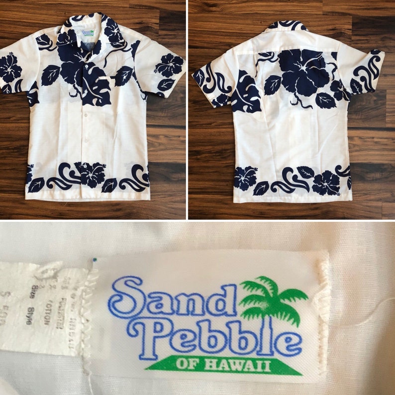 Vintage Mens Sand Pebble Hawaiian Novelty Print Short Sleeve Shirt Tiki Shirt