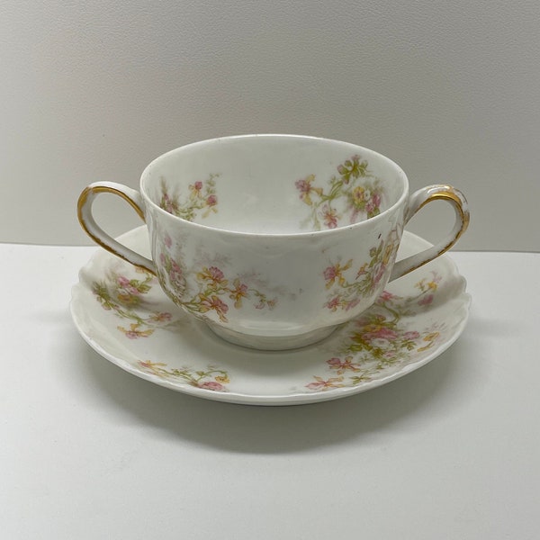Vintage Haviland France Limoges teacup and saucer floral Two handle Boullion cup