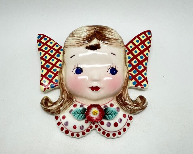 Vintage Glass Lady Head Wall Pocket Vase Girl With Poka Dot Collar