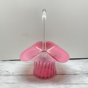 Vintage Fenton glass basket Cranberry opalescent swirl small basket Fenton 6.5&quot; tall 5.2&quot; across