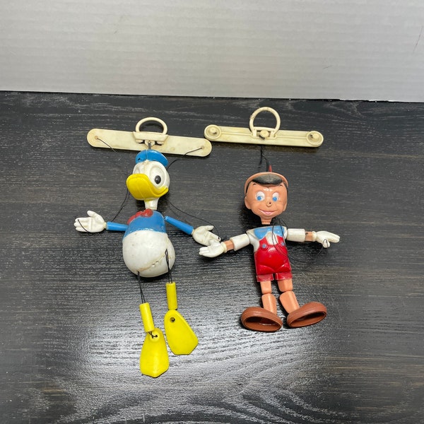 Vintage Donald Duck and Pinocchio Marionettes small Disney puppets