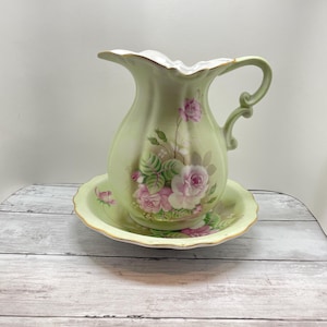 Lefton Heritage Rose Pitcher and Bowl Set: Light Green & Pink Roses Large