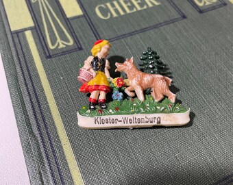 Vintage German pin Kloster-Weltenburg plastic little red riding hood