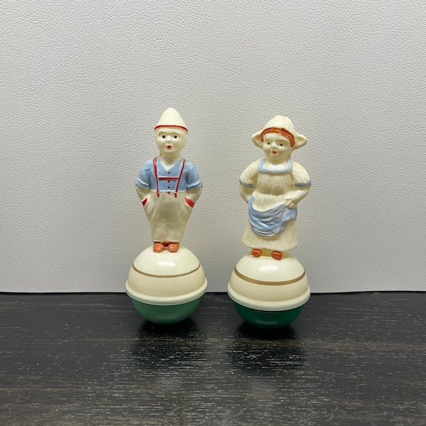 Vintage Celluloid girl and boy on ball Germany  lot of 2 Roly Poly NICE 4" tall