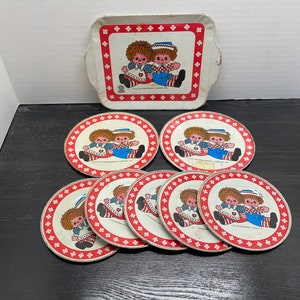 Antique tin toy Childs dishes tray Raggedy Ann and Andy Raggety NICE Lot