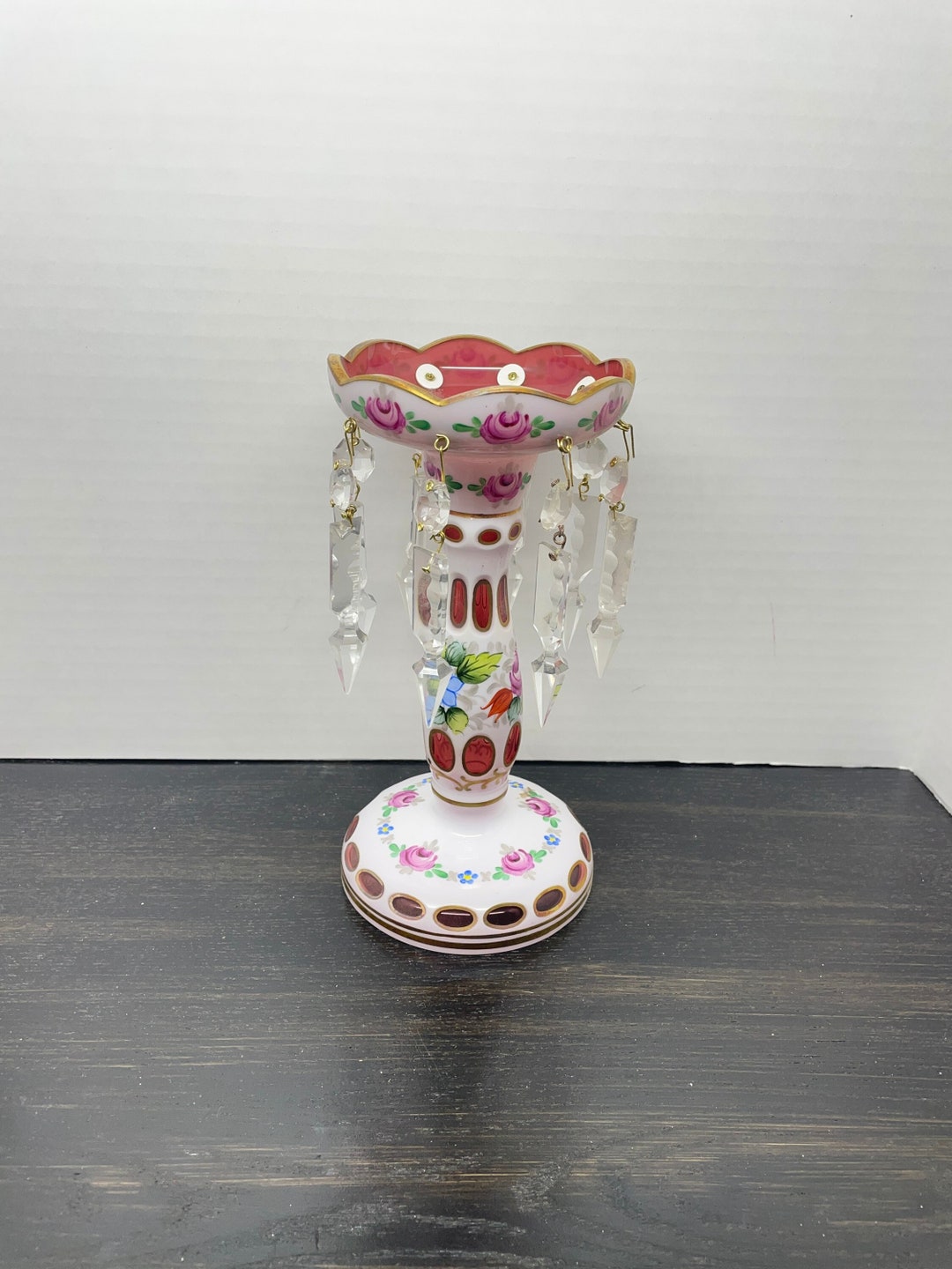 Antique Bohemian Glass Candle Holder With Glass Prisms Cut to Etsy