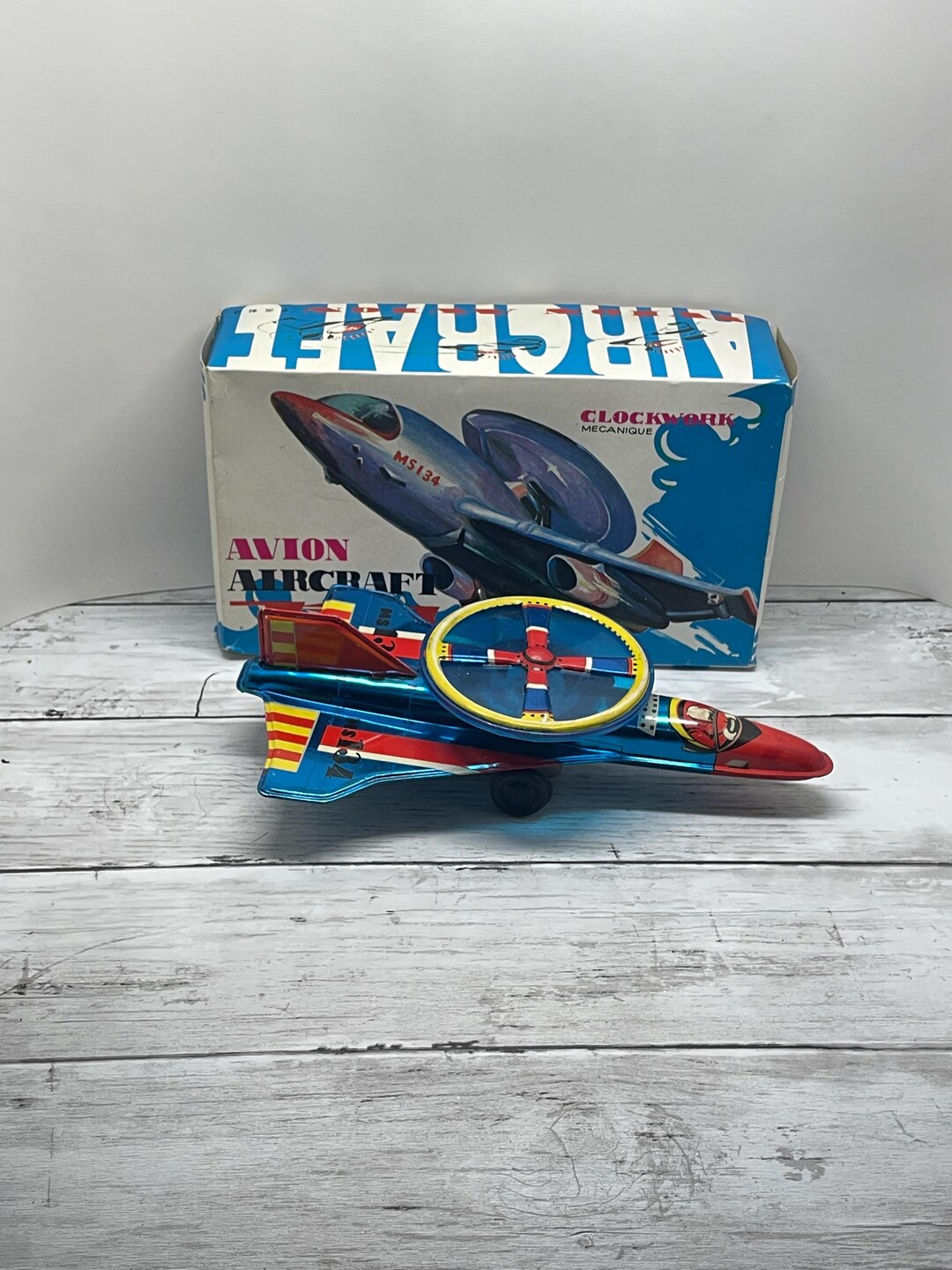 Vintage Tin Toy Wind up Jet Airplane Original Box READ Description ...