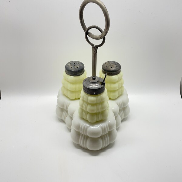 Victorian opaque glass Salt Pepper Shaker and mustard with stand Dithridge Vintage 1800's Condiment set