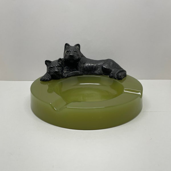 Vintage Ashtray Jade olive green opaque glass with Metal tigers Large green Ash Tray Unique piece