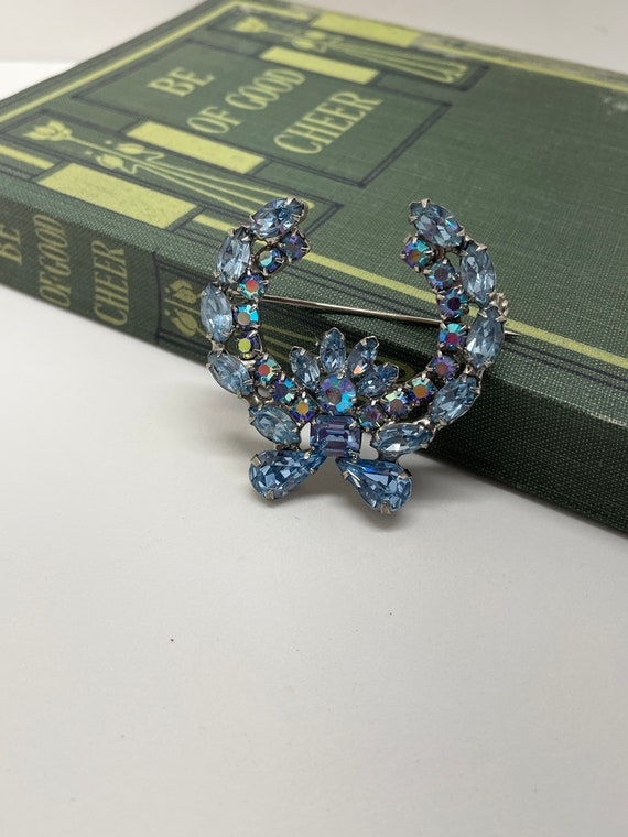 Vintage Rhinestone brooch pin blues and silver si… - image 2