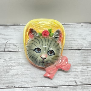 Vintage Cat Wall Pocket Planter: Tiger Cat with Bonnet & Pink Bow