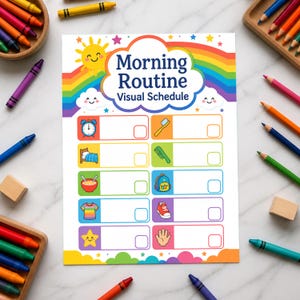 May include: A white paper chart titled Morning Routine Visual Schedule with a rainbow and sun graphic. It features ten rows with icons including an alarm clock, toothbrush, bed, comb, bowl, backpack, shirt, shoe, star, and hand, each with a blank box.