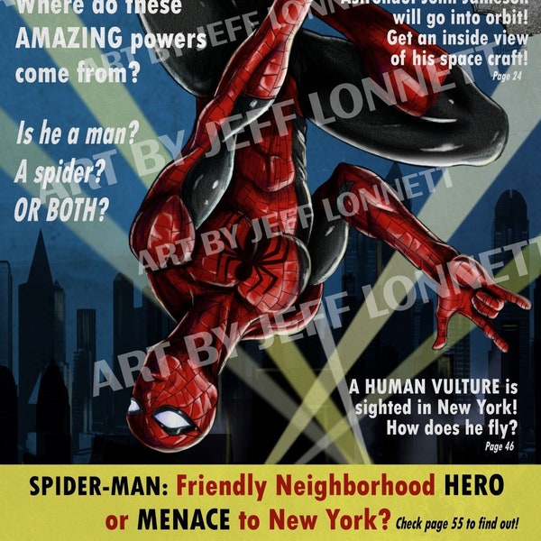 Portada de revista satírica retro de los años 60 de Spiderman, estilo Popular Science, impresa en 11x17 pulgadas.
