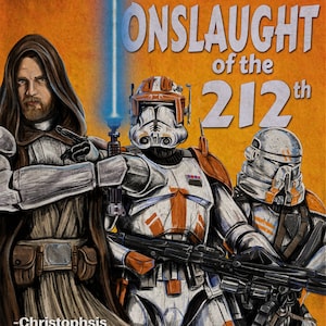 Puede incluir: Un póster de estilo vintage para la serie Star Wars: The Clone Wars, con Obi-Wan Kenobi y dos soldados clon del 212º Batallón de Ataque. El póster se titula "Onslaught of the 212th" y presenta el texto "No matter where, Obi Wan's Attack Battalion fights for the Republic!"