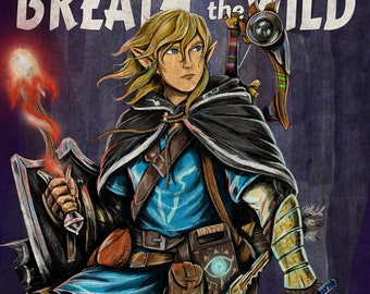 May include: A retro-style poster for the video game "The Legend of Zelda: Breath of the Wild". The poster features Link, the main character, holding a sword and shield. The text on the poster reads "After a 100 year slumber, can Link regain his memories, defeat Ganon, and save Hyrule?"