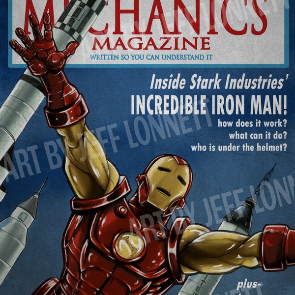Portada de la revista satírica Popular Science de los años 60 con Iron Man. Impresión de cómic de 28 x 43 cm en papel brillante de 11 lb.
