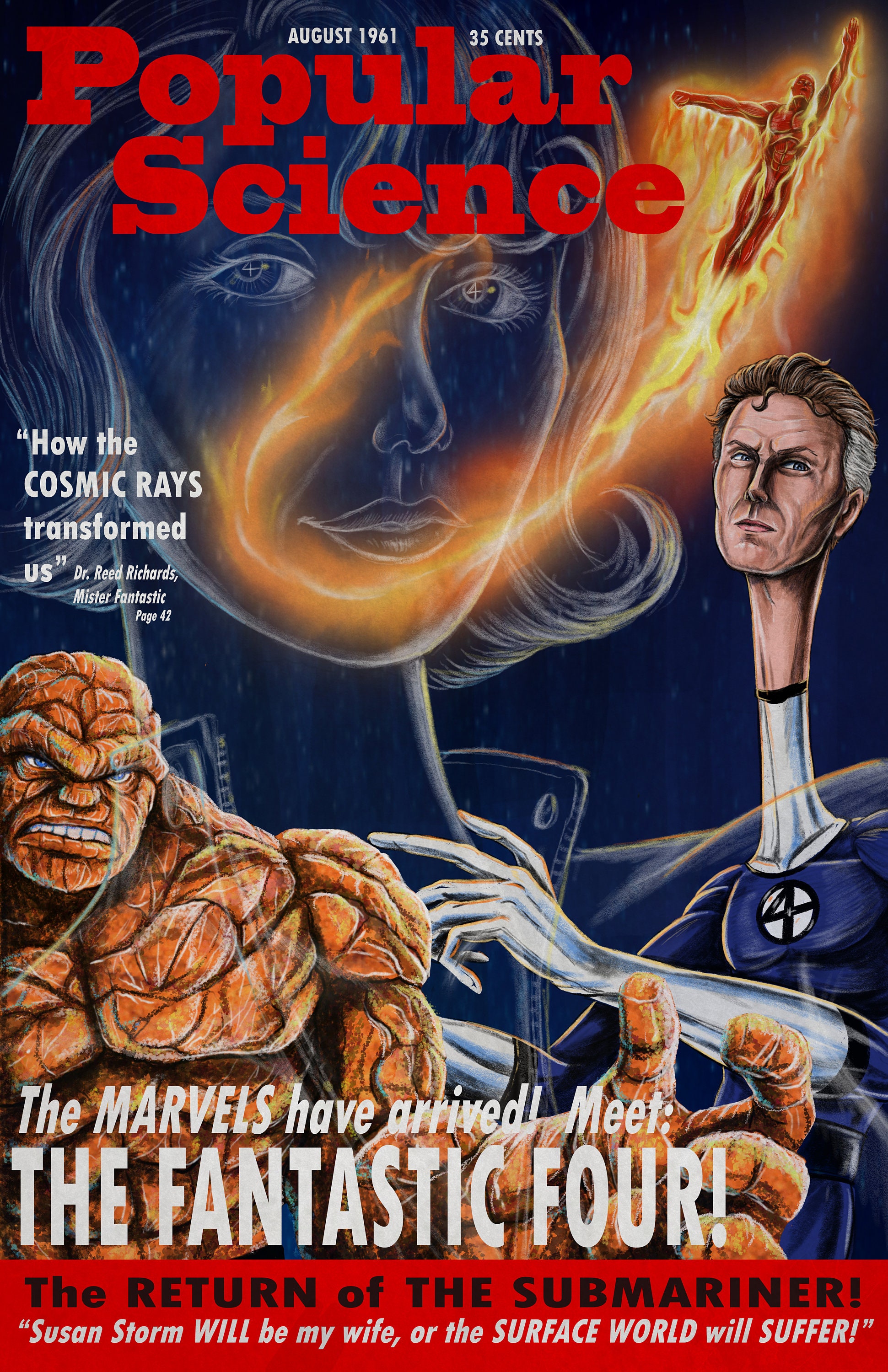 Fantastic Four Popular Science Retro Style Magazine Satire Print