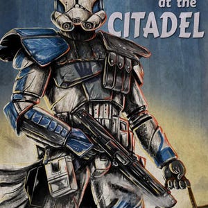 May include: Comic-style poster for "The Clone Wars: Escape at the Citadel" featuring Arc Trooper Echo in blue and white armor, holding a blaster. Text includes "The Clone Wars" and "Escape at the Citadel". The poster asks, "Will he succeed?"