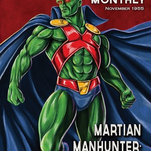 Puede incluir: Una portada de cómic vintage con un superhéroe verde con un traje rojo y azul, titulada "MARTIAN MANHUNTER: ¿Quién es este nuevo CAMPEÓN de MIDDLETON? ¿De dónde viene? ¡SUPER FUERZA! ¡VUELO! ¿Es invulnerable como SUPERMAN?" La portada es de "POPULAR SCIENCE MONTHLY" y está fechada en noviembre de 1955.