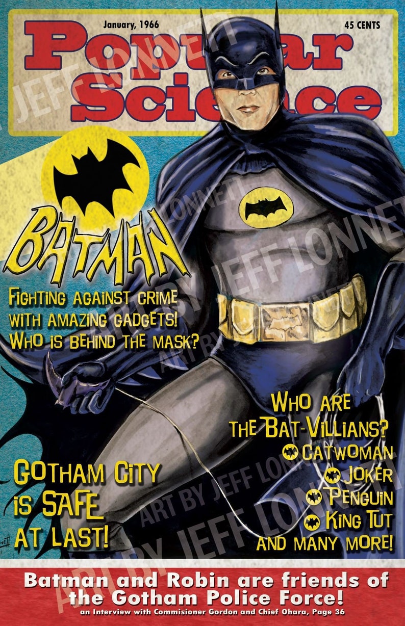 May include: A vintage comic book cover featuring Batman, a superhero fighting crime in Gotham City. The cover is from January 1966 and features a yellow and black bat symbol, the words "Popular Science", and the text "Batman: Fighting Against Crime with Amazing Gadgets! Who is Behind the Mask?"