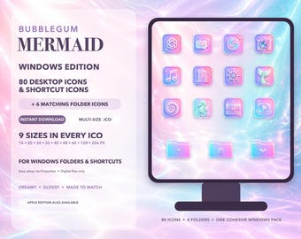 Bubblegum Mermaid Windows Icons, 80 Pastel 3D App Icons + 6 Folder Icons, ICO Desktop Theme, Instant Download