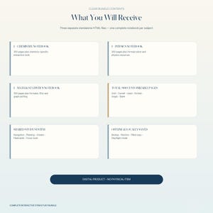 May include: A digital study bundle infographic titled What You Will Receive, listing three HTML notebooks for chemistry, physics, and math. It details 900 customizable pages, a shared study system, and offline saving features. Includes a digital product notice.