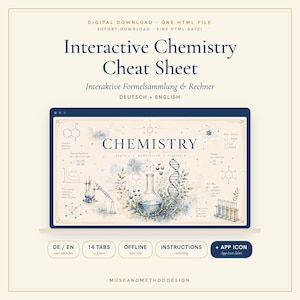 Könnte beinhalten: Ein interaktives Chemie-Spickzettel-Download-Produkt mit einer zentralen Kolben-Illustration, einem DNA-Strang und Laborgeräten. Die Benutzeroberfläche enthält den Text Chemistry, explore, understand, transform sowie verschiedene chemische Formeln.