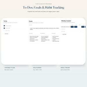 May include: A digital planner interface titled To Dos, Goals & Habit Tracking. It features sections for To-Do lists with checkboxes, a Goals section with text fields for yearly, monthly, and weekly objectives, and a Weekly tracker with grid squares.
