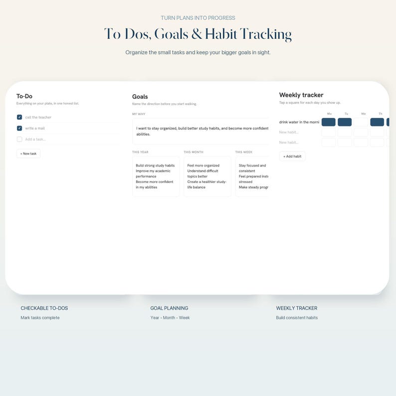 May include: A digital planner interface titled To Dos, Goals & Habit Tracking. It features sections for To-Do lists with checkboxes, a Goals section with text fields for yearly, monthly, and weekly objectives, and a Weekly tracker with grid squares.