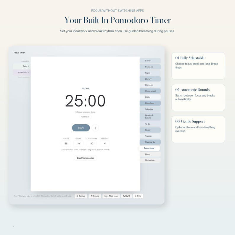 May include: A digital interface for a Pomodoro timer featuring the text Your Built In Pomodoro Timer, Focus Without Switching Apps, and a central display showing 25:00. The layout includes adjustable focus, break, and long break settings.
