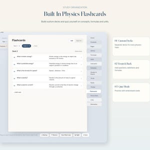 May include: A digital interface for physics flashcards featuring a list of questions and answers including kinetic energy, potential energy, speed, density, and electric current. The layout includes navigation tabs for study organization and custom decks.