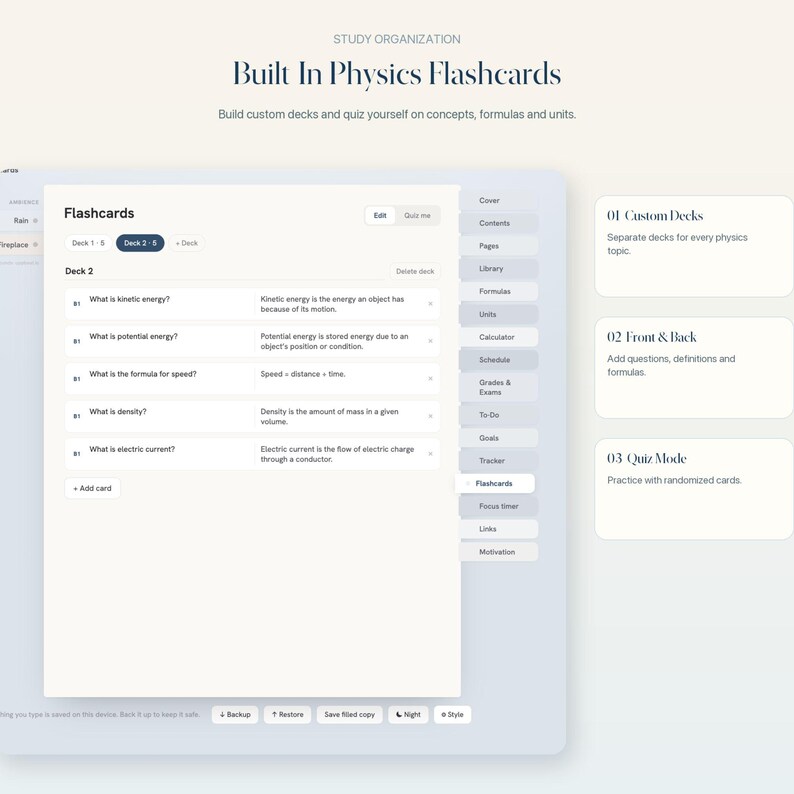 May include: A digital interface for physics flashcards featuring a list of questions and answers including kinetic energy, potential energy, speed, density, and electric current. The layout includes navigation tabs for study organization and custom decks.