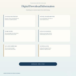 May include: An informational graphic titled Digital Download Information with six rectangular boxes detailing product features. Text includes 3 Standalone HTML Files, Opens in a Modern Browser, Works Offline, Saves on Your Device, Not a PDF or Printable, and No Physical Item. A dark blue button reads Download Open Study.