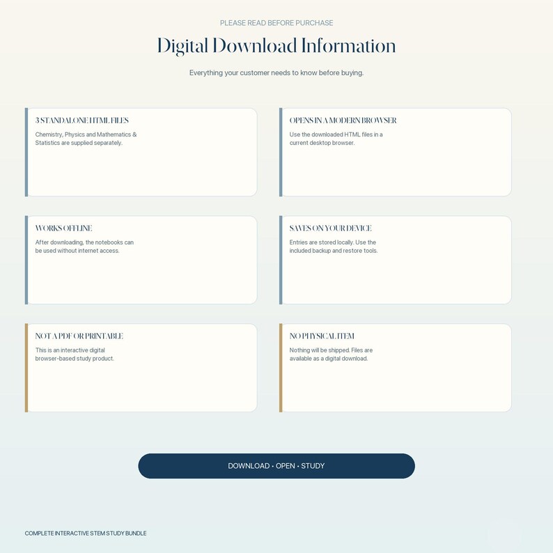 May include: An informational graphic titled Digital Download Information with six rectangular boxes detailing product features. Text includes 3 Standalone HTML Files, Opens in a Modern Browser, Works Offline, Saves on Your Device, Not a PDF or Printable, and No Physical Item. A dark blue button reads Download Open Study.